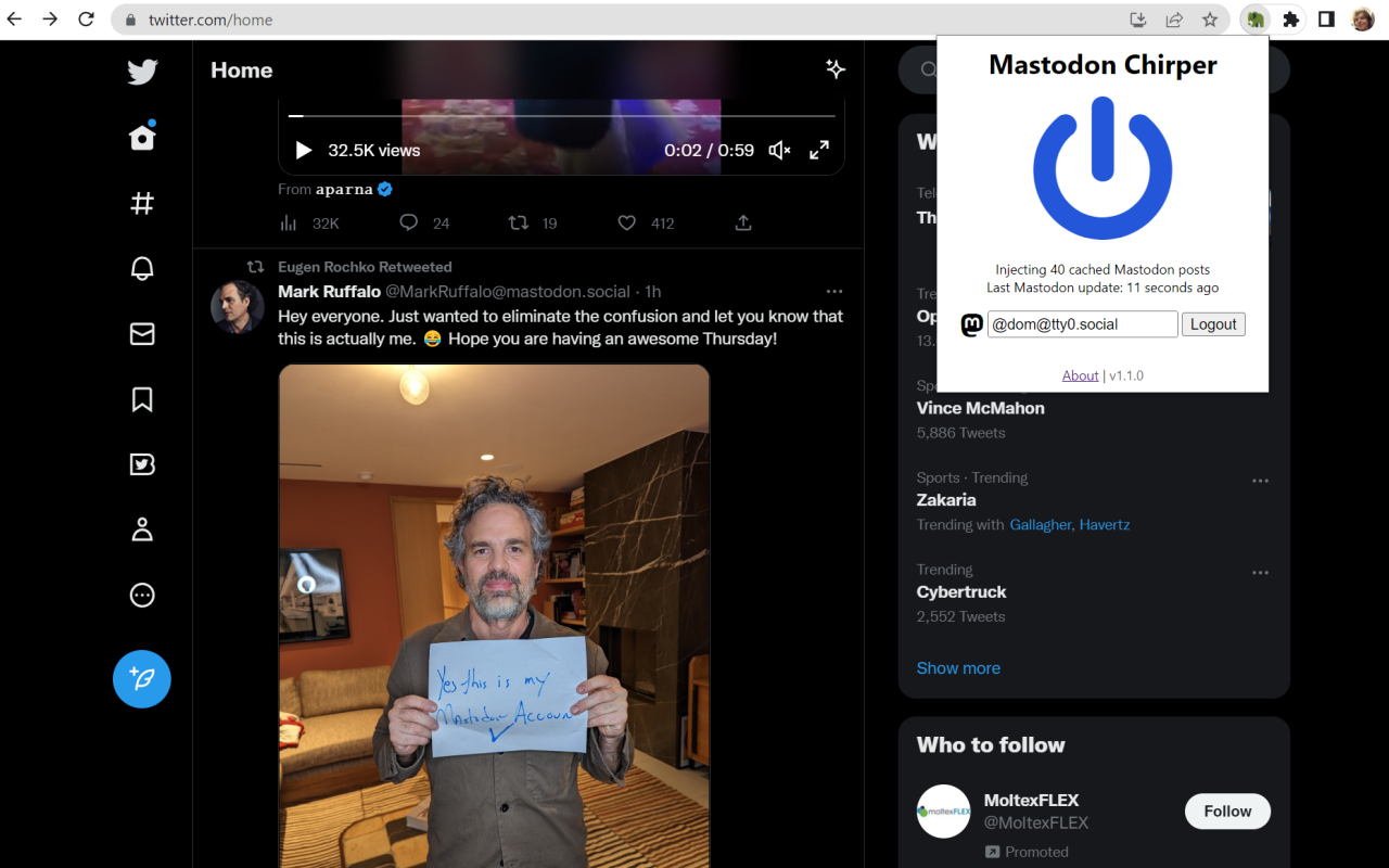 Mastodon chirper - Twitter.com 홈 타임 라인 피드에 Mastodon 게시물을 추가하십시오 미디어 1