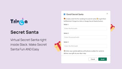 Секретный Санта от Trivia для Slack - Изображение группы коллег, улыбающихся и обменивающихся подарками внутри рабочей области Slack, демонстрируя беззаботный и веселый опыт игры &ldquo;Секретный Санта&rdquo;.