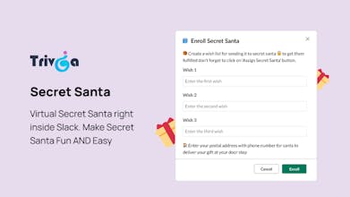 Amigo Invisible por Trivia para Slack: Imagen de un grupo de compañeros de trabajo sonriendo e intercambiando regalos dentro de un espacio de trabajo en Slack, mostrando la experiencia sin complicaciones y divertida del juego del Amigo Invisible.