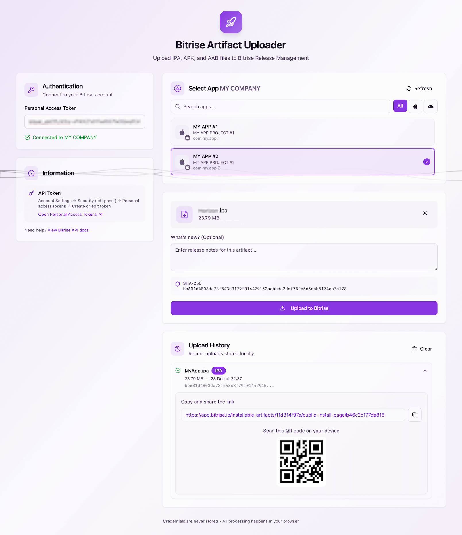 Bitrise™️ Artifact Uploader - Main product screenshot demonstrating key features and user interface
