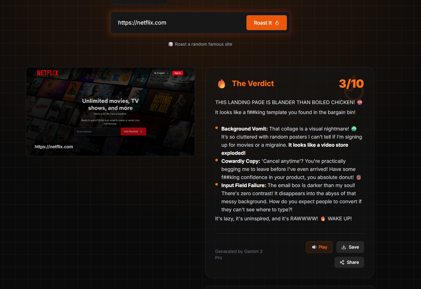 Roast My Landing Page AI - Screenshot 2 showing product features and functionality