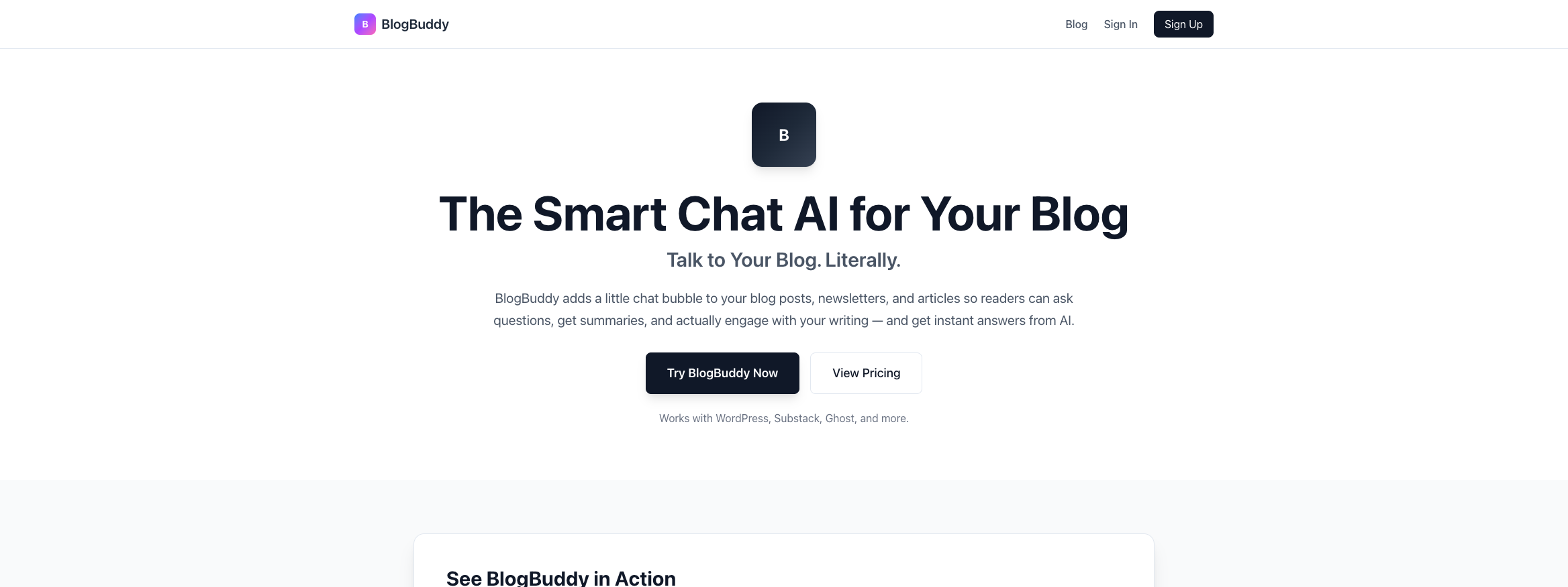 BlogBuddy - Main product screenshot demonstrating key features and user interface