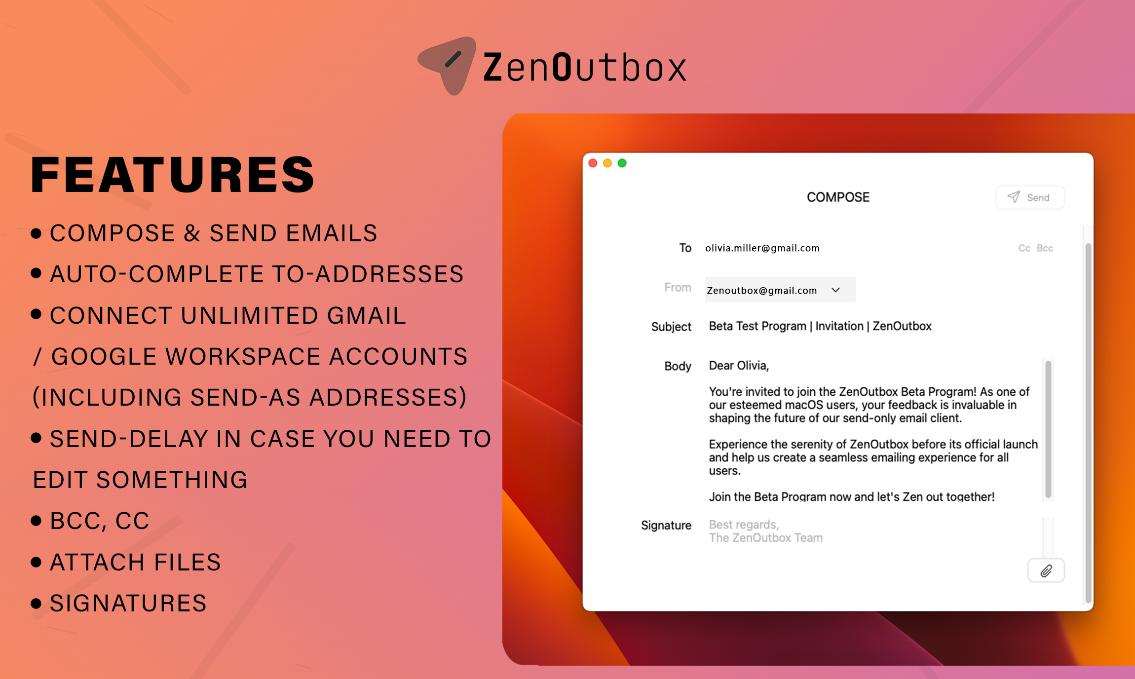 Zenoutbox - Cliente di e-mail di sola invio, comporre in pace, saltare il disordine media 3