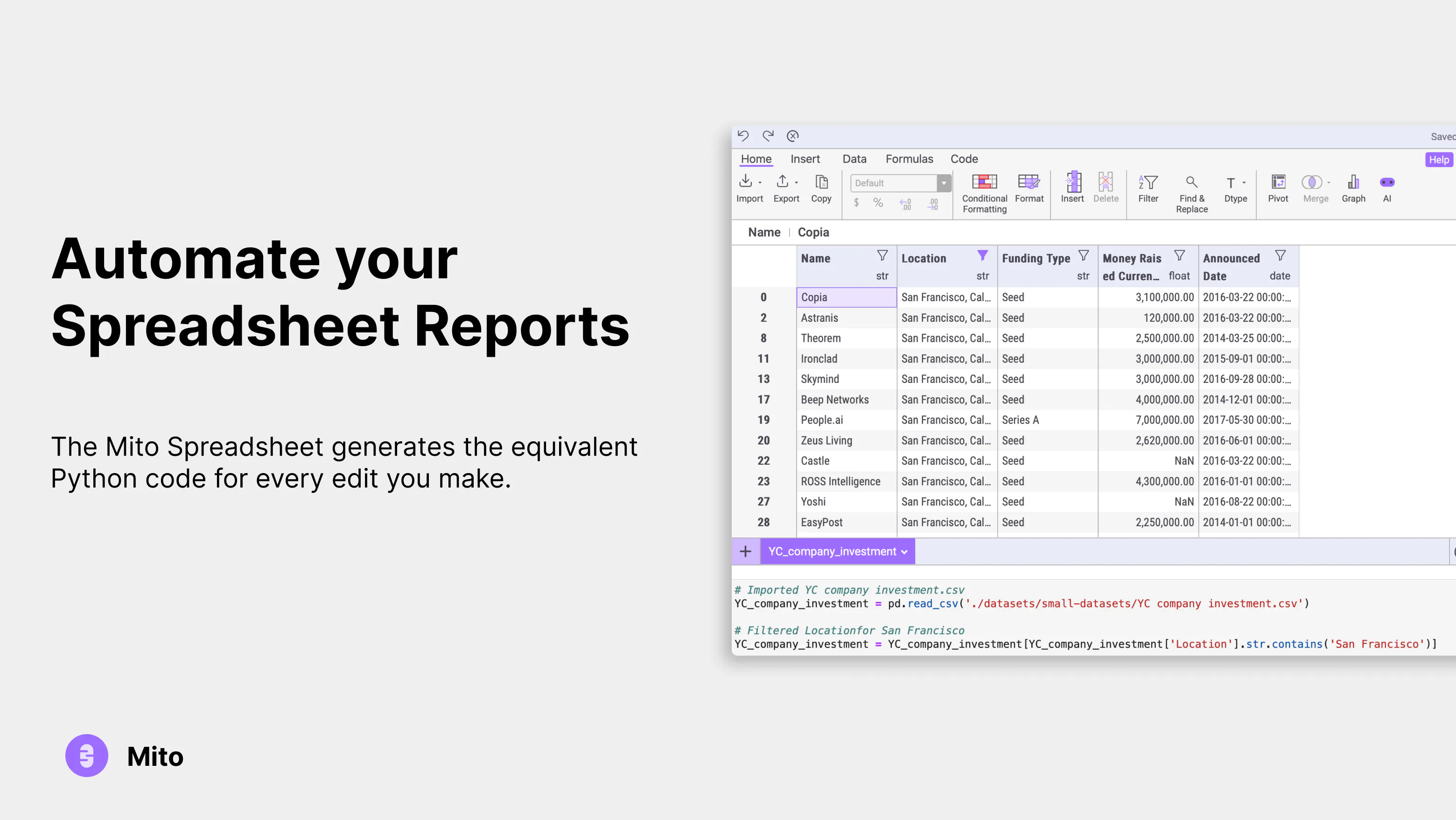 Mito: Edit a Spreadsheet to generate Python Code | Product Hunt