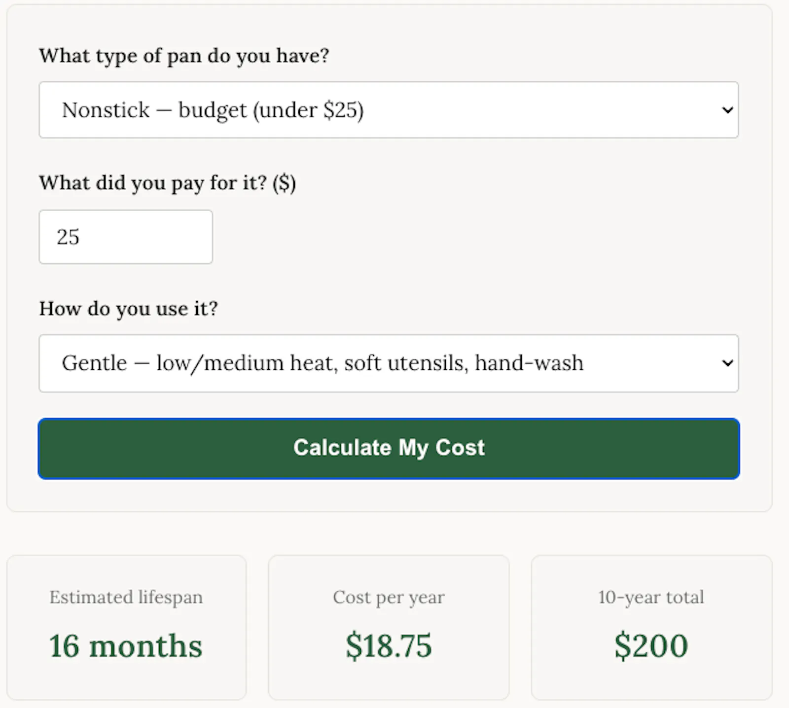 Cookware Cost Calculator screenshot 2