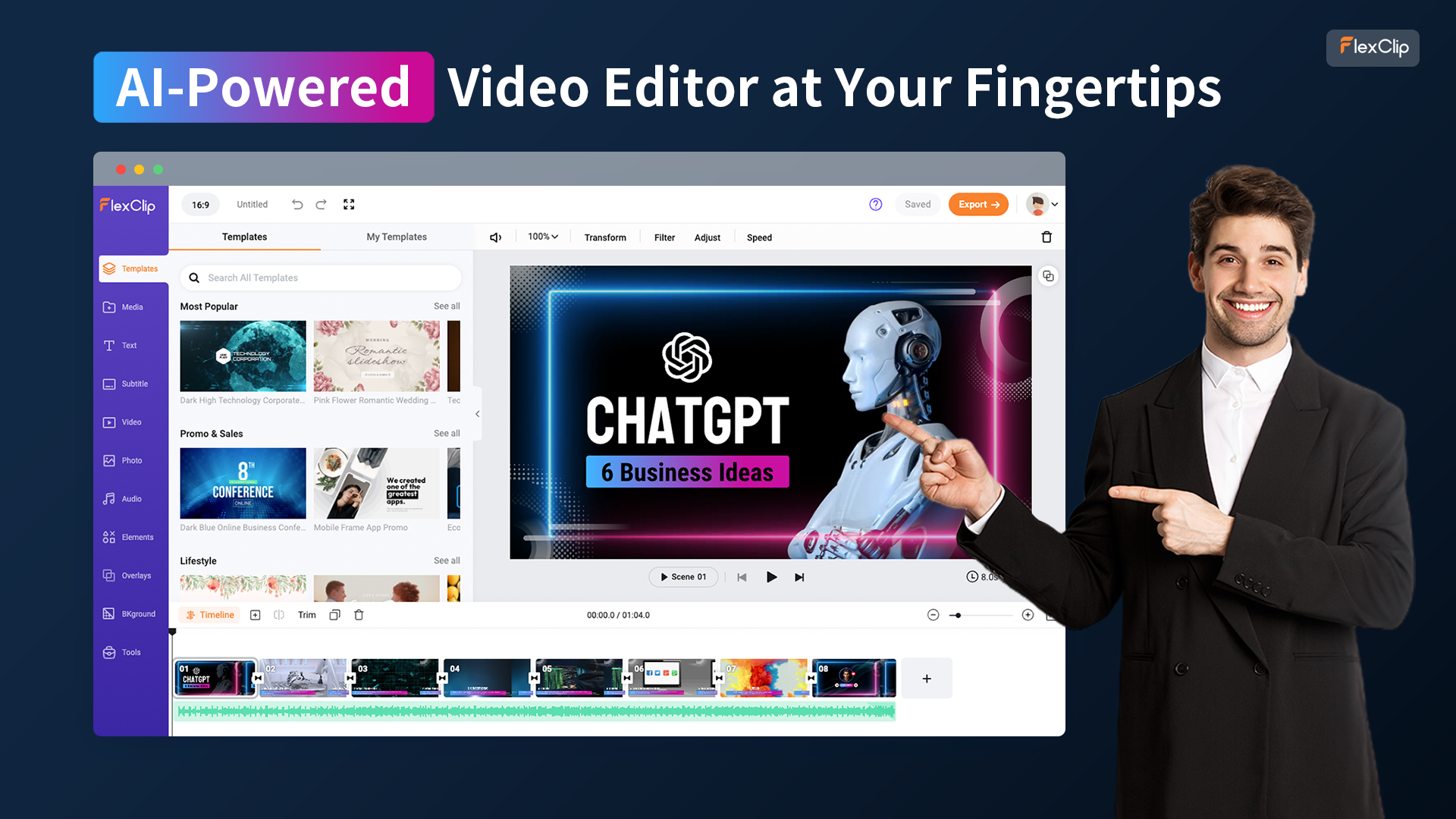 Mídia 3 de Texto da IA ​​para vídeo por Flexclip