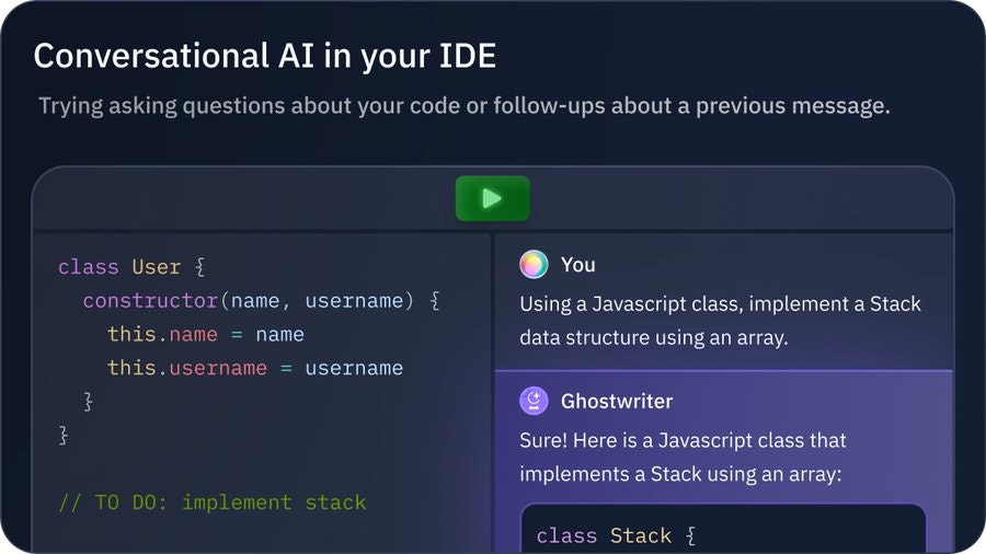 Mídia 2 de Chat do Ghostwriter de Replit - A primeira IA de conversação incorporada ao seu IDE