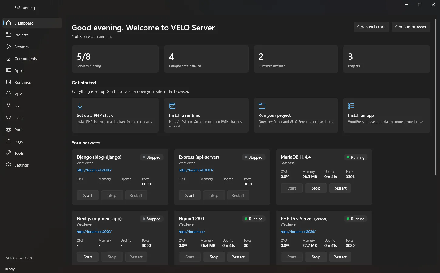 VELO Server screenshot 1