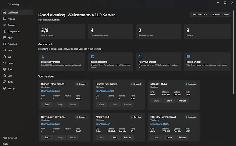 VELO Server screenshot 1