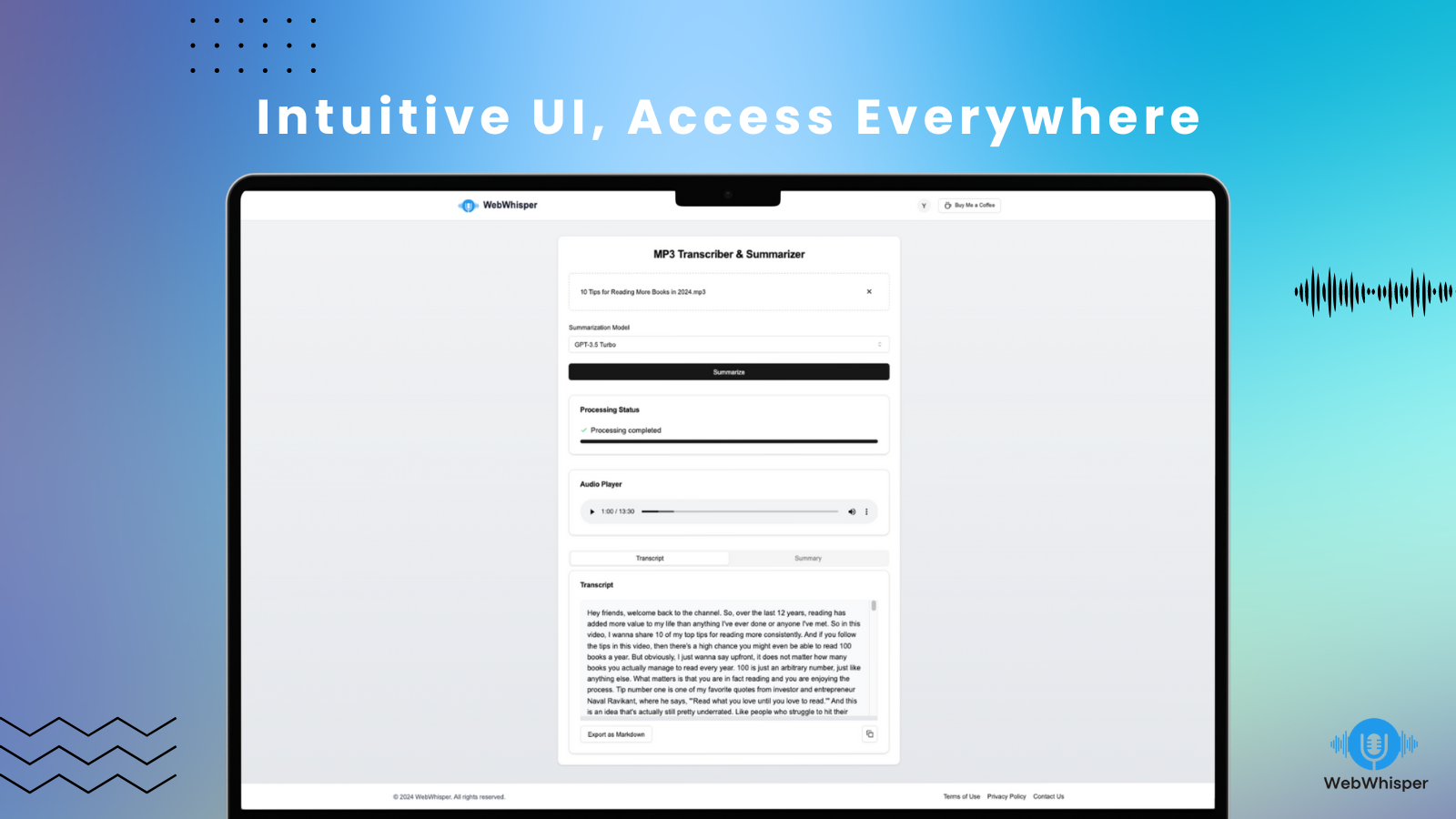 Webwhisper - kostenlose MacWhisper -Alternative - Kostenloser Online -Audio -Transkribier und Zusammenfassung Medien 3