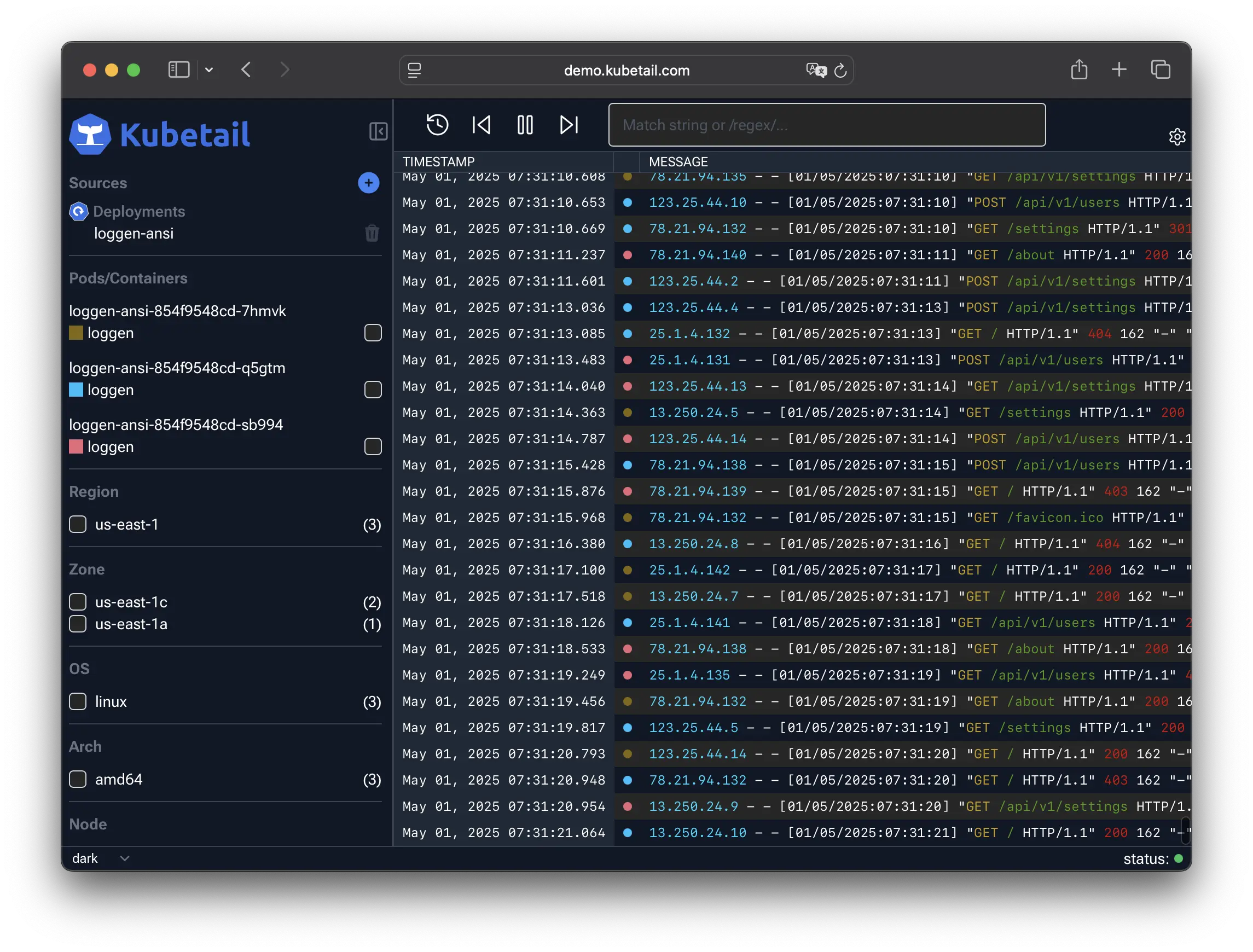 وسائط Kapetail - البحث - البحث في الوقت الحقيقي بحث عن kubernetes 4
