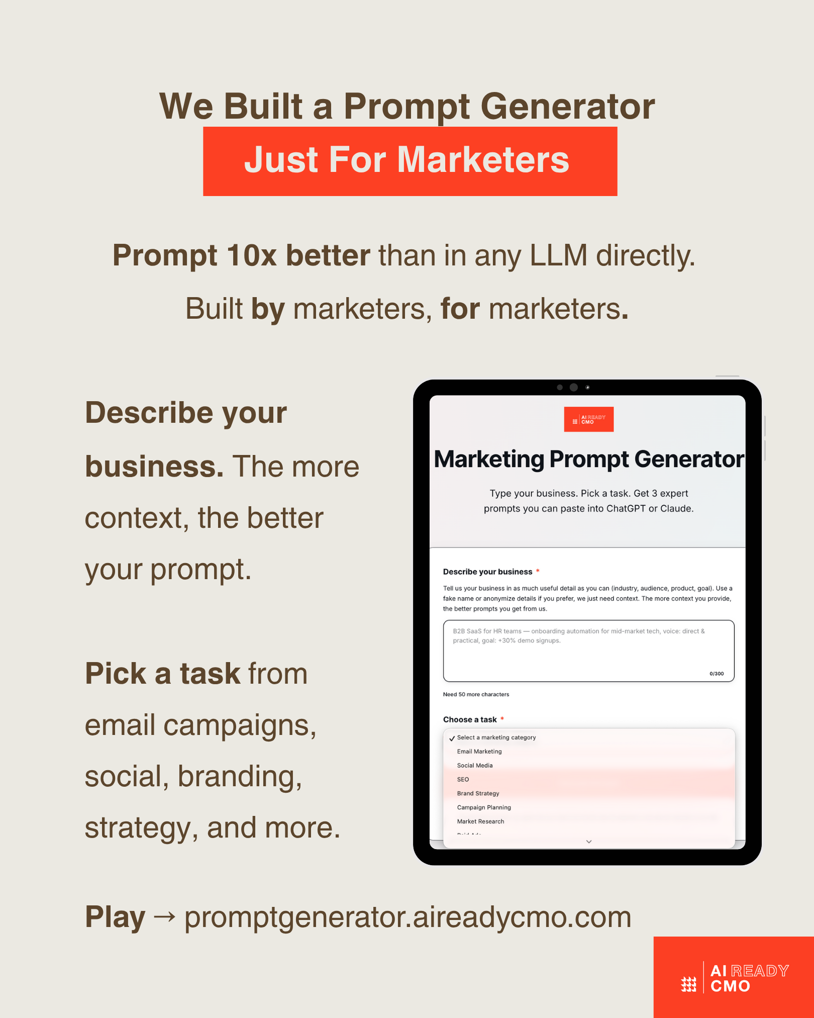 Média Générateur d'invites pour les spécialistes du marketing - Tapez votre entreprise.Choisissez une tâche.Obtenez 3 invites d'experts. 1