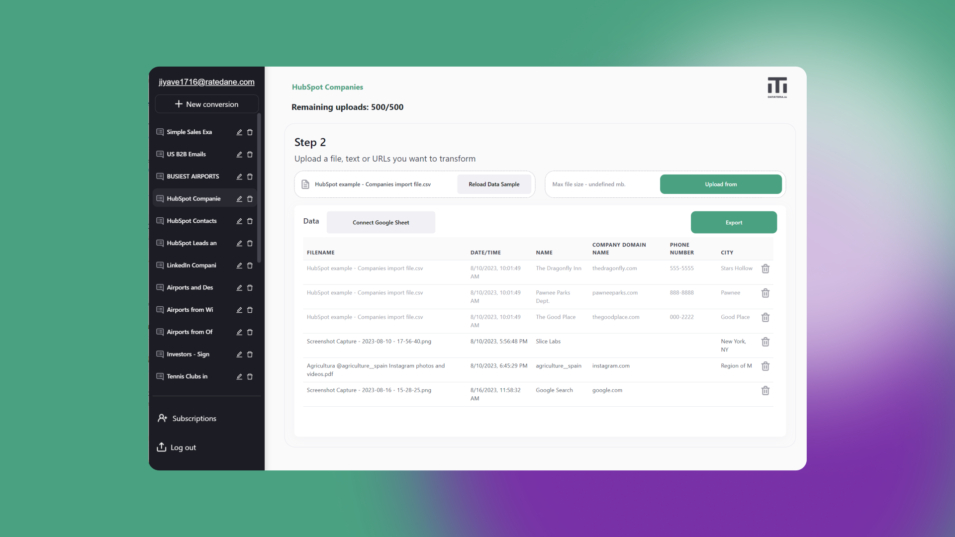 Datatera.ai - Конвертировать любой веб -сайт или файл в лист или CRM за считанные секунды медиа 3