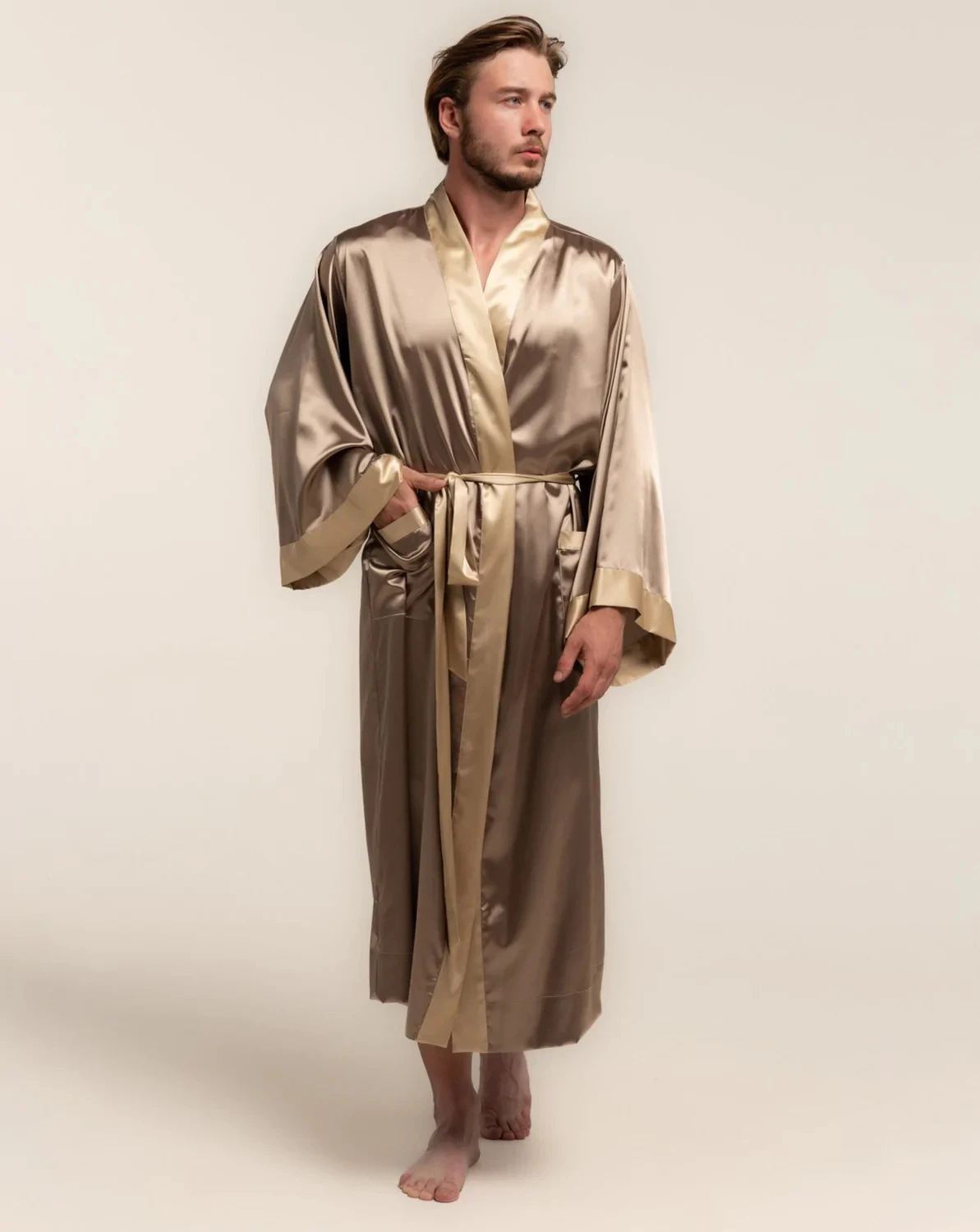 Two Tone Silk Men's Robe Beige and Gold