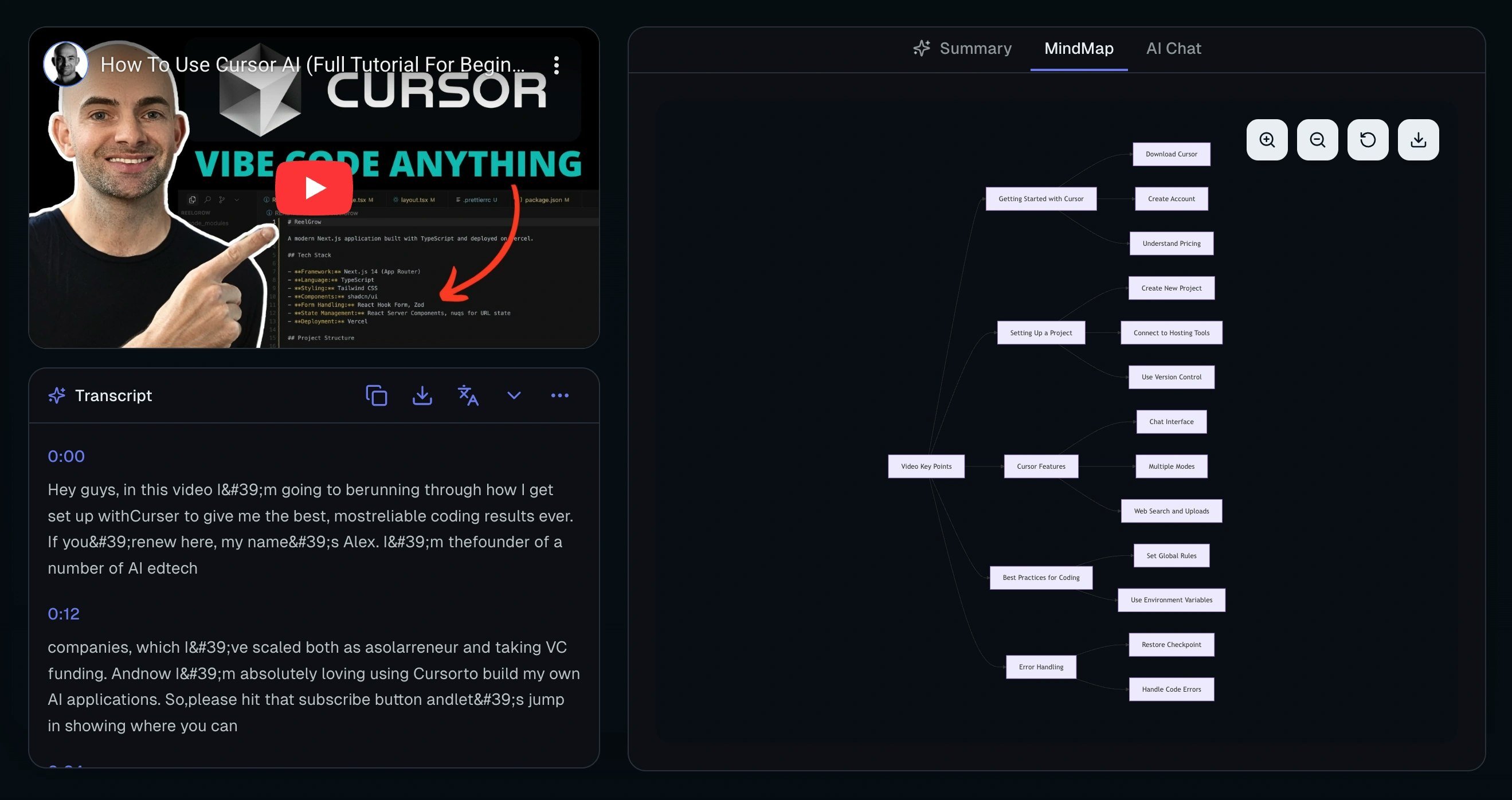YouTube Transcript Generator - Main product screenshot demonstrating key features and user interface
