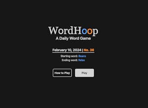 WordHoopゲームインターフェース - 文字パズルを解くための、混ざった文字のグリッドとヒントが表示されたWordHoopゲームインターフェースのスクリーンショット。