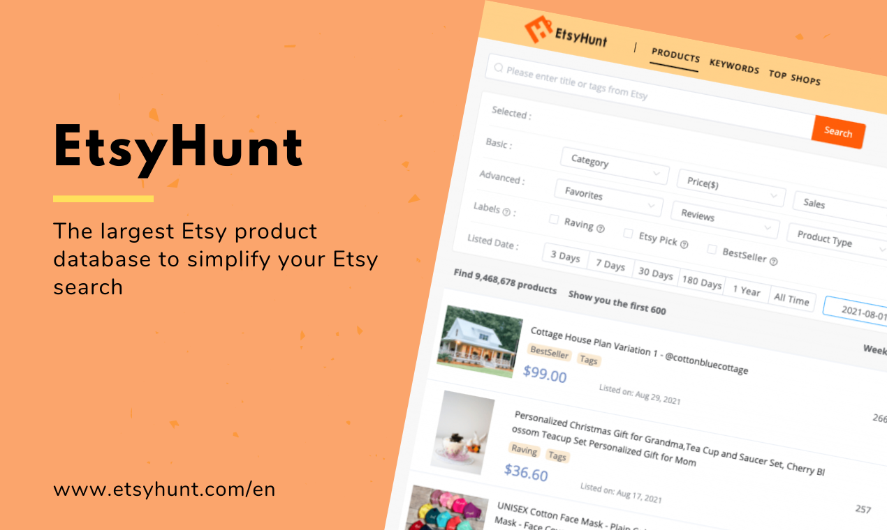 EtsyHunt - Etsy products data to simplify your Etsy SEO and business