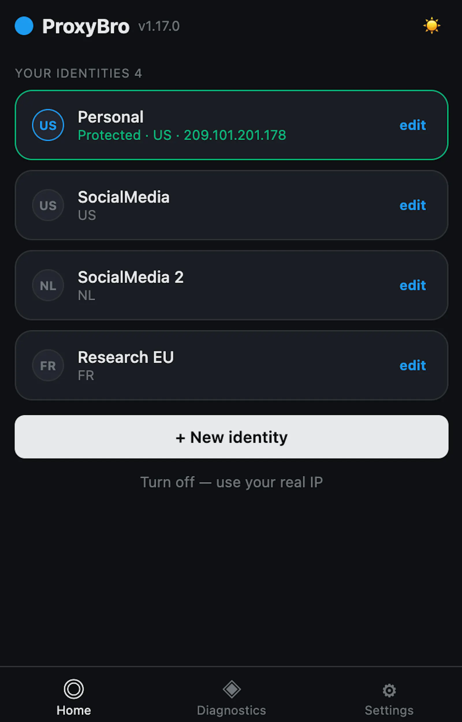 Proxy Manager - 1 identity per account.  screenshot 1