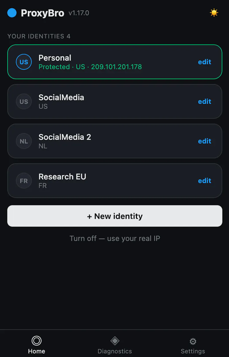 Proxy Manager - 1 identity per account.  screenshot 1