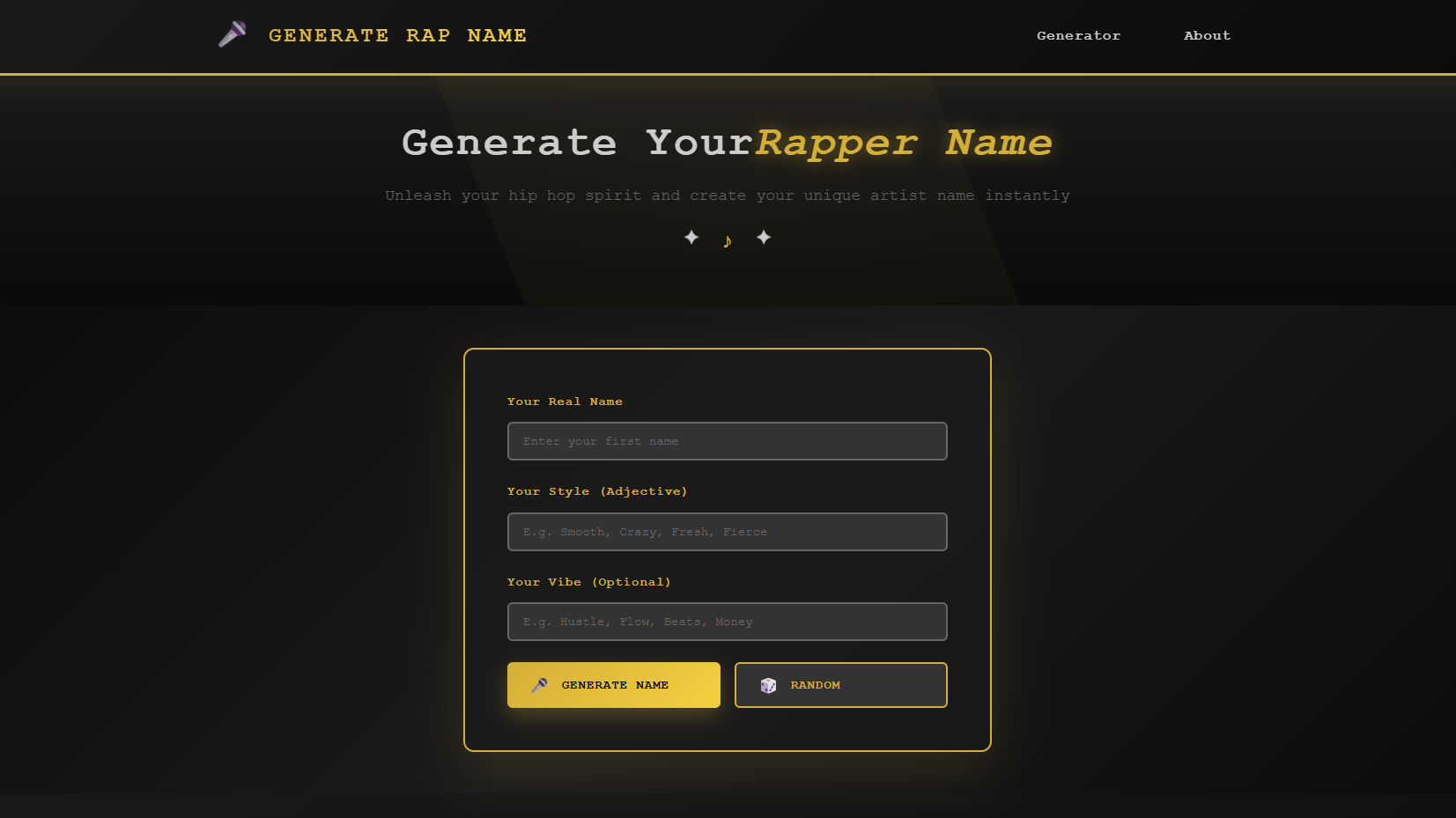 Generate Rap Name - Main product screenshot demonstrating key features and user interface