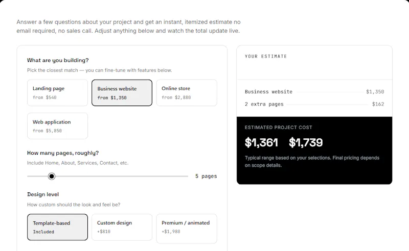 website-cost-calculator screenshot 1