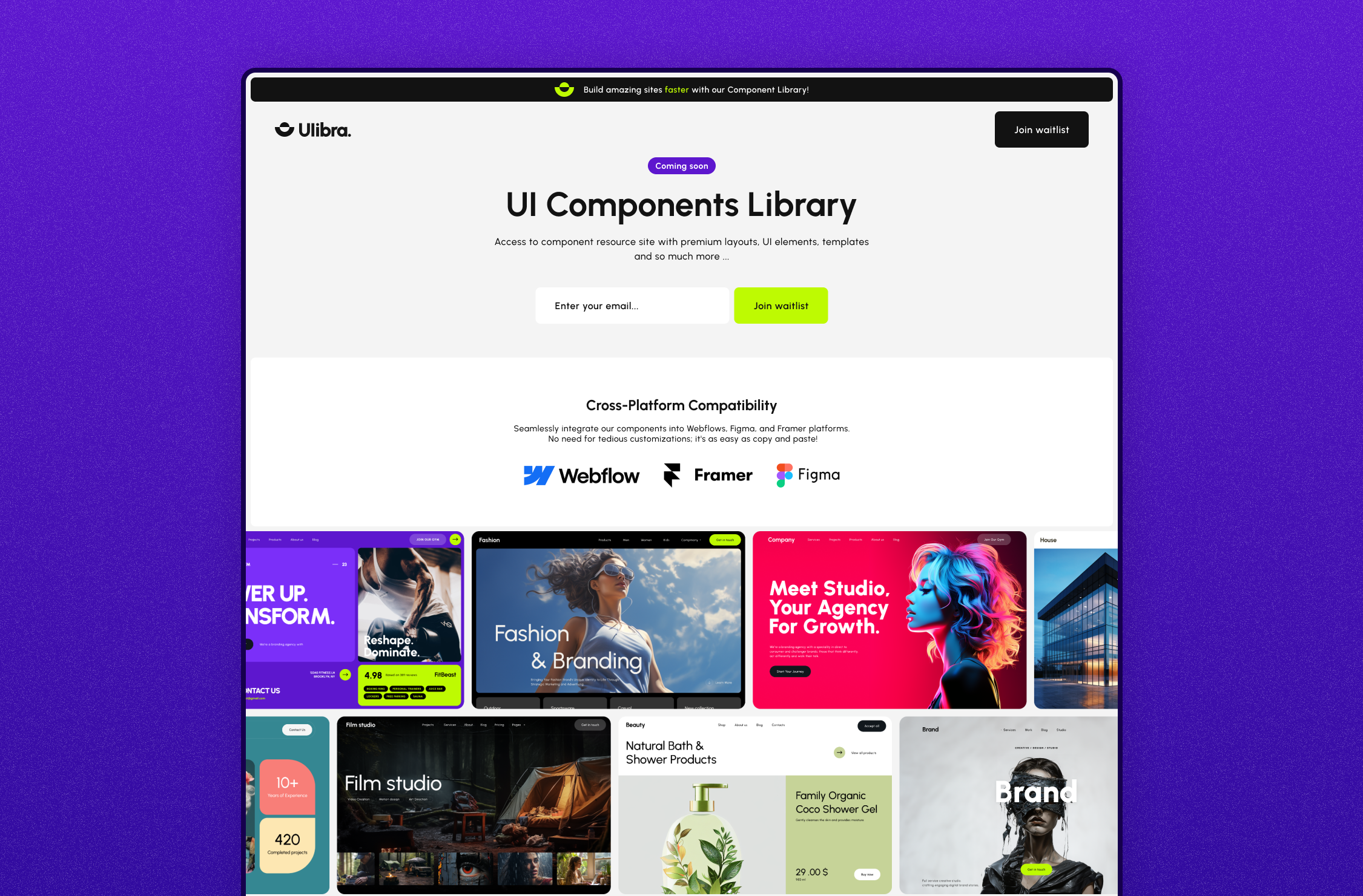 ulibra - 웹 플로우, Figma, Framer 용 클로닝 가능한 UI 구성 요소 라이브러리 미디어 1