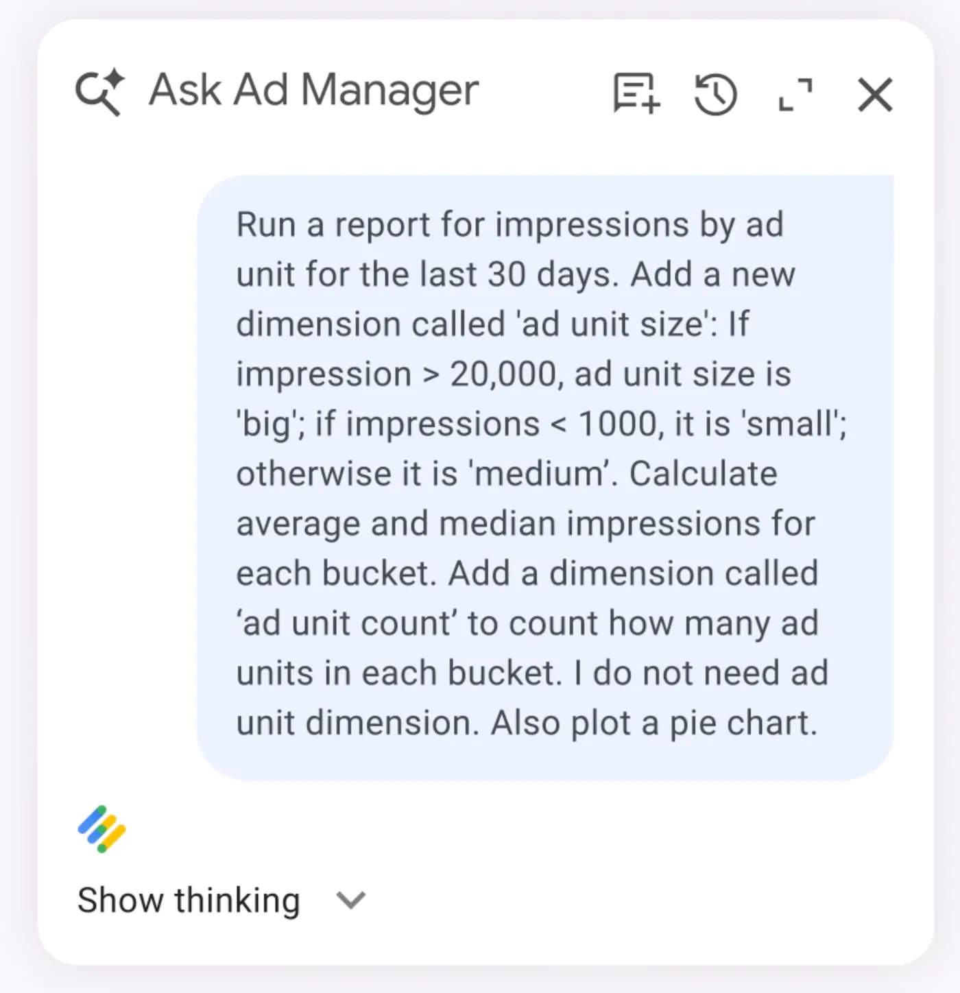 Ask Ad Manager chat panel with a prompt asking for a 30-day impressions report bucketed by ad unit size, with averages, medians and a pie chart
