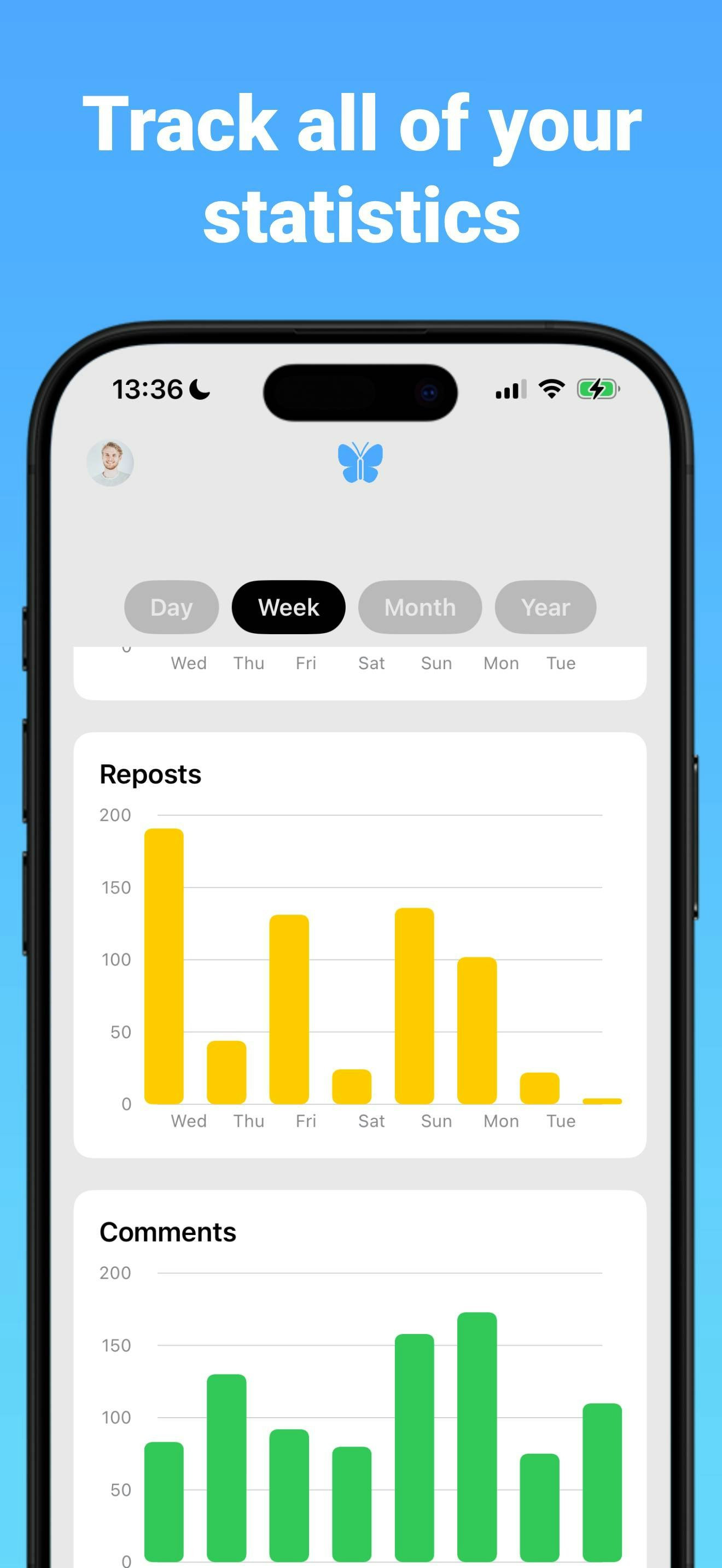 Mídia 2 de Goblue, Analytics for Bluesky no iOS - Obtenha análises avançadas da sua conta de Bluesky com GOBLUE