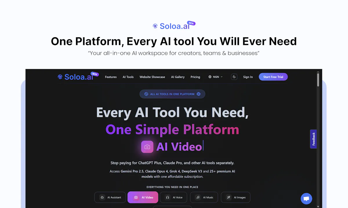 Soloa: All-in-One AI Studio (25+ Tools)