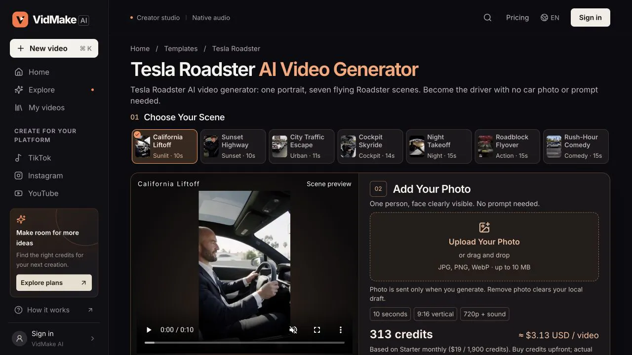 Tesla Roadster AI Video Generator gallery image