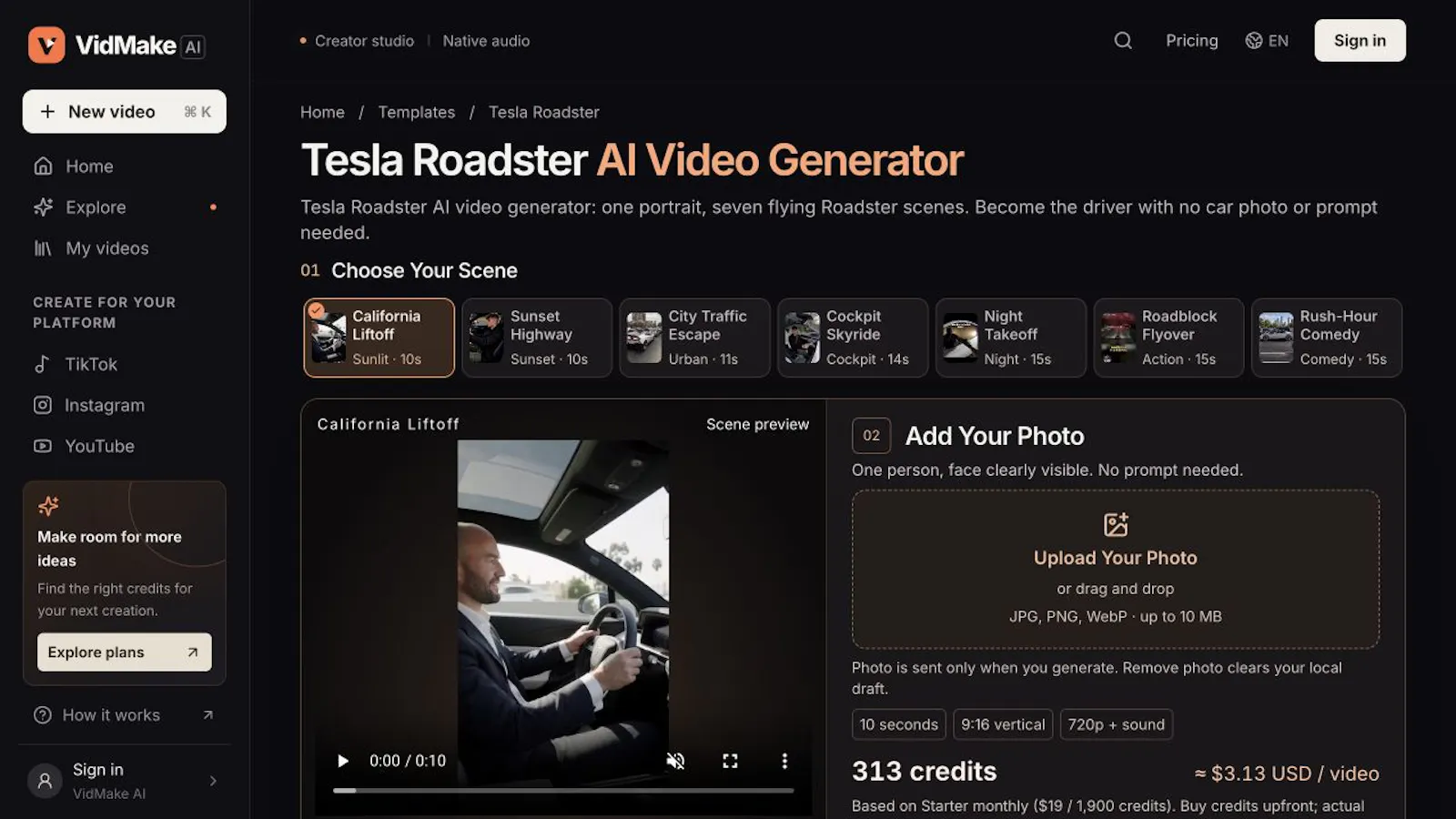 Tesla Roadster AI Video Generator screenshot 1