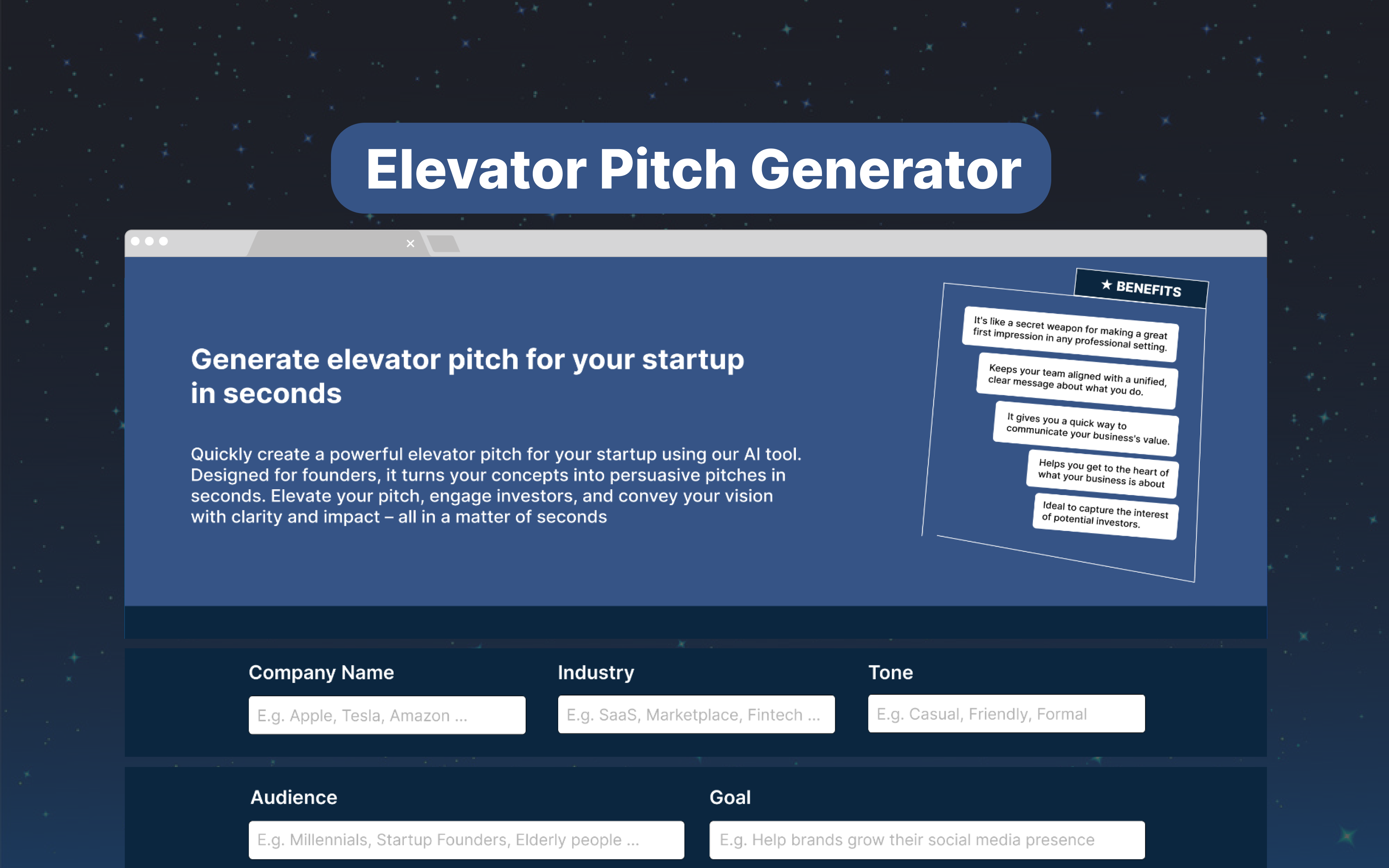 startuptile Elevator Pitch Generator-Generate a winning elevator pitch with AI in seconds