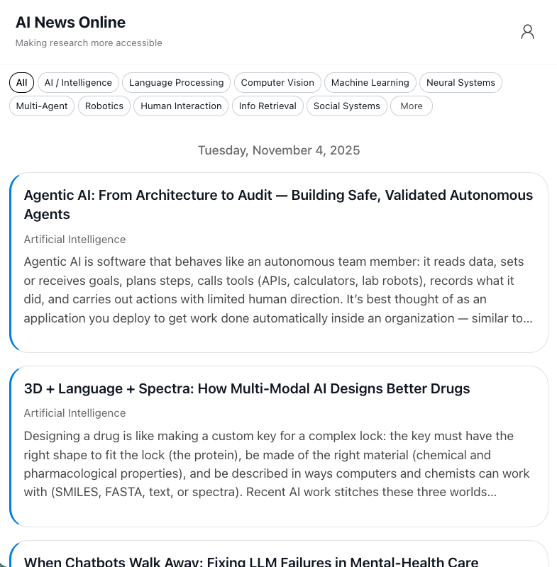 AI News Online - Main screenshot showing features and interface