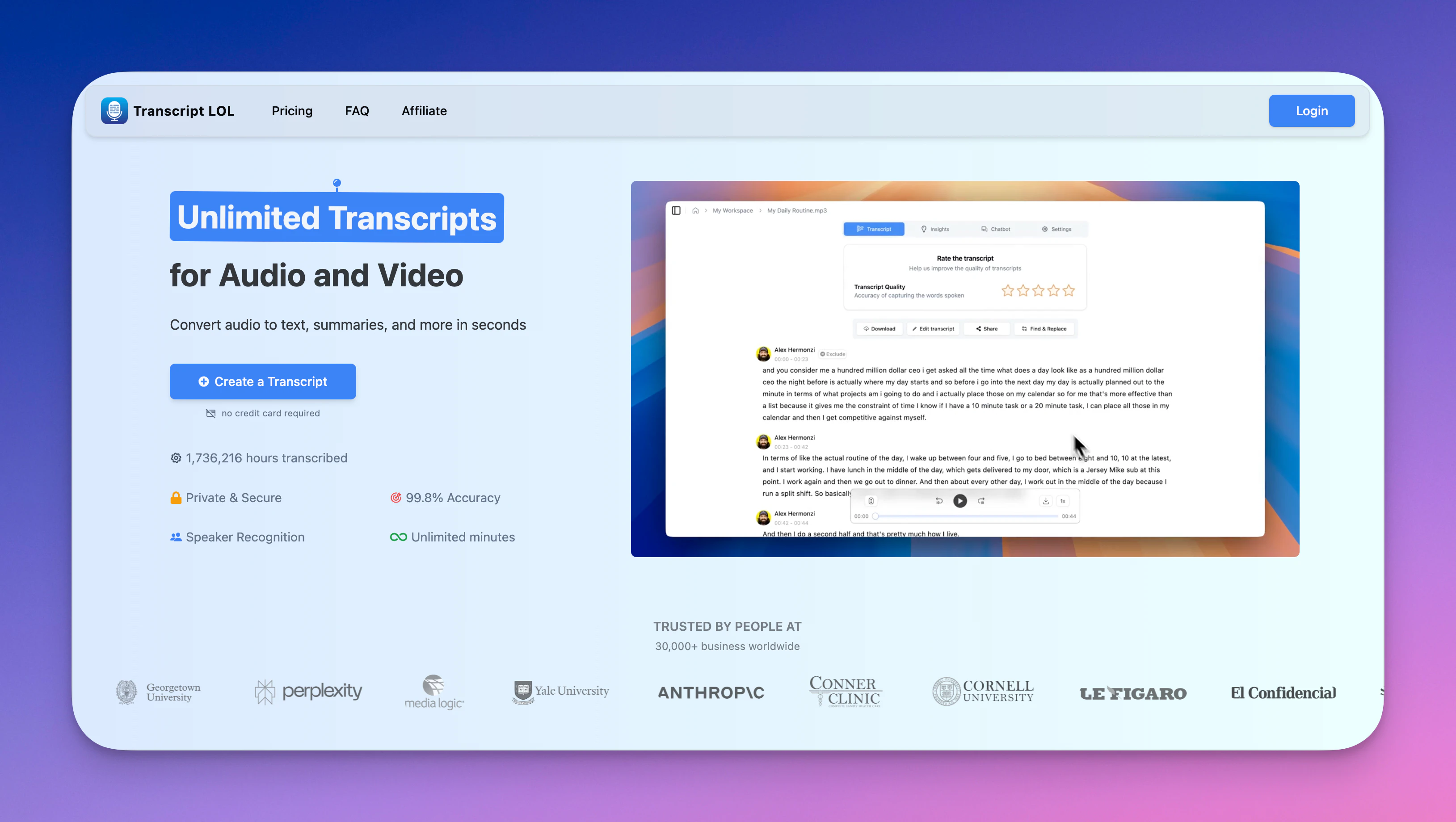 Transcript.Lol — screenshot 1 showing tool features and UI