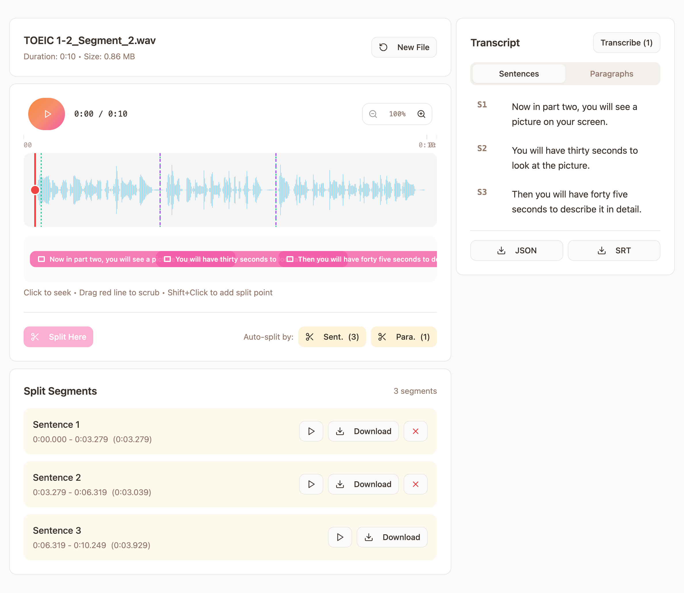 TranscribeAndSplit - Main screenshot showing features and interface