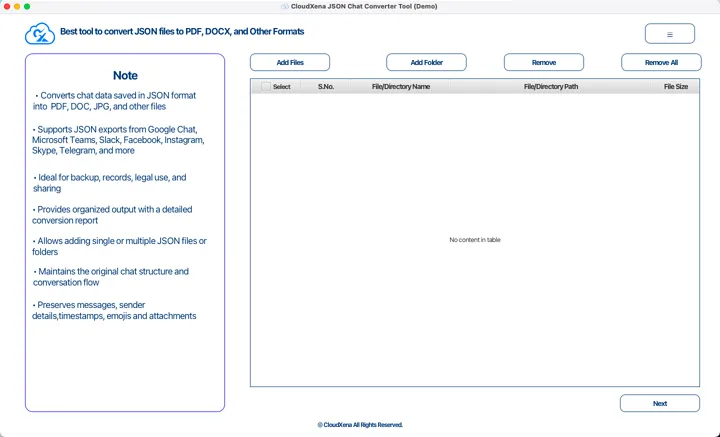 CloudXena JSON Converter Tool - Main product screenshot demonstrating key features and user interface