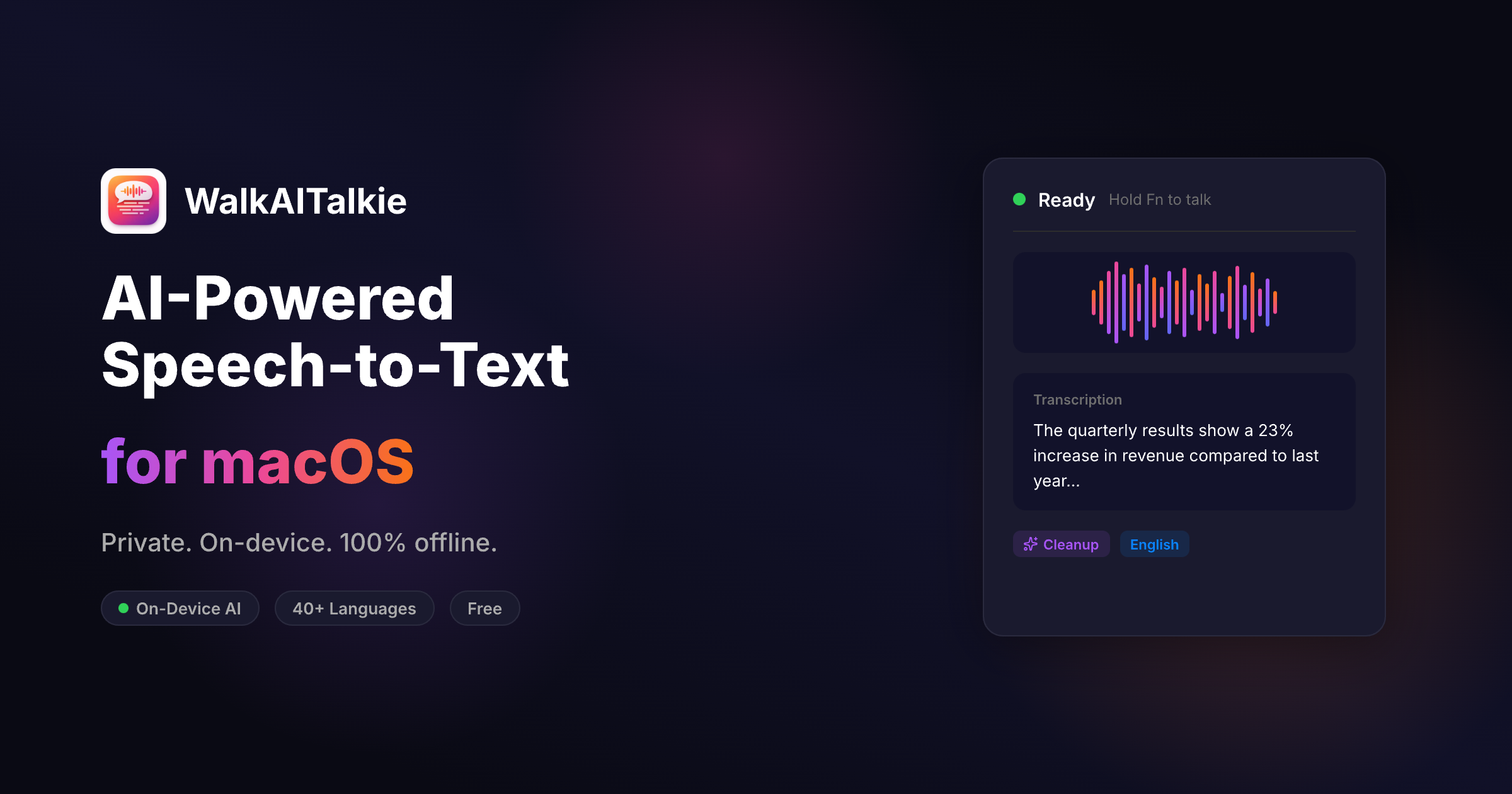 WalkAITalkie - Main product screenshot demonstrating key features and user interface