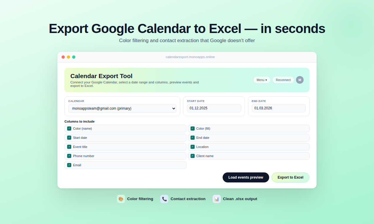 Calendar Export Tool - Main product screenshot demonstrating key features and user interface