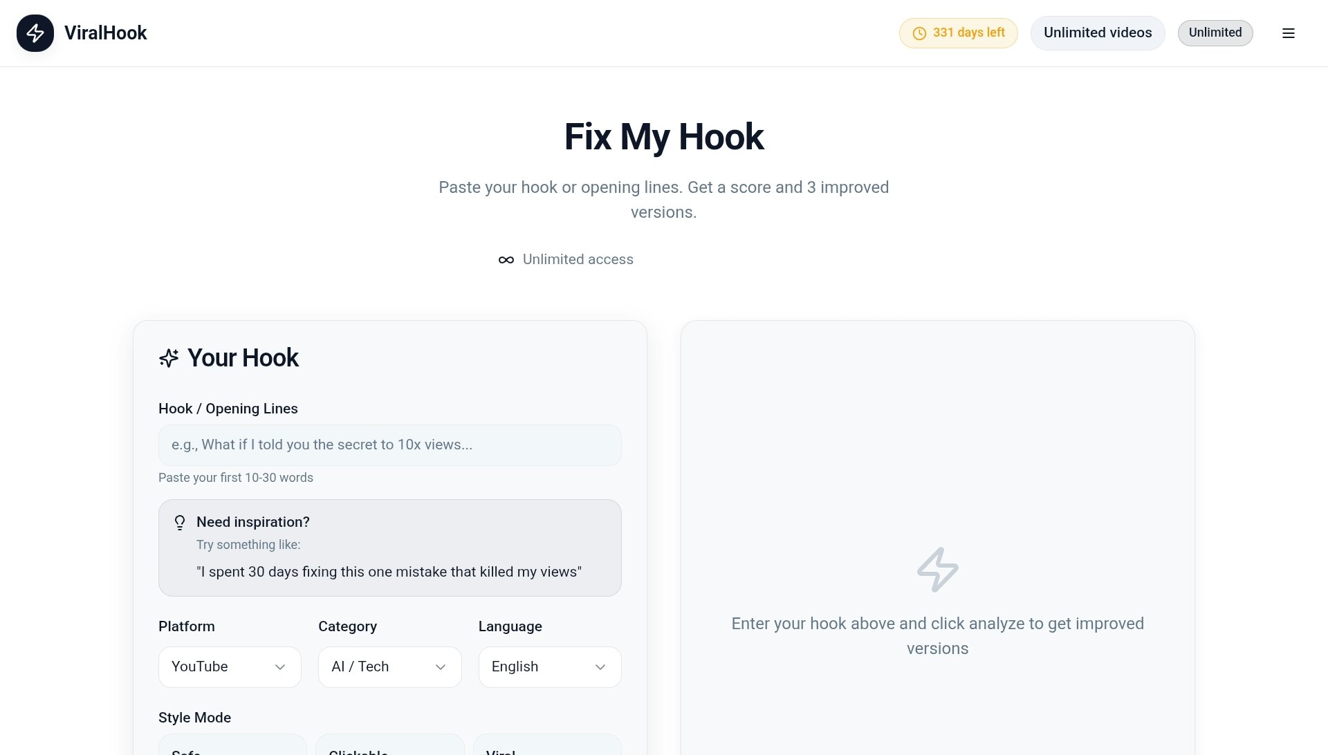 ViralHook AI - Screenshot 2 showing product features and functionality
