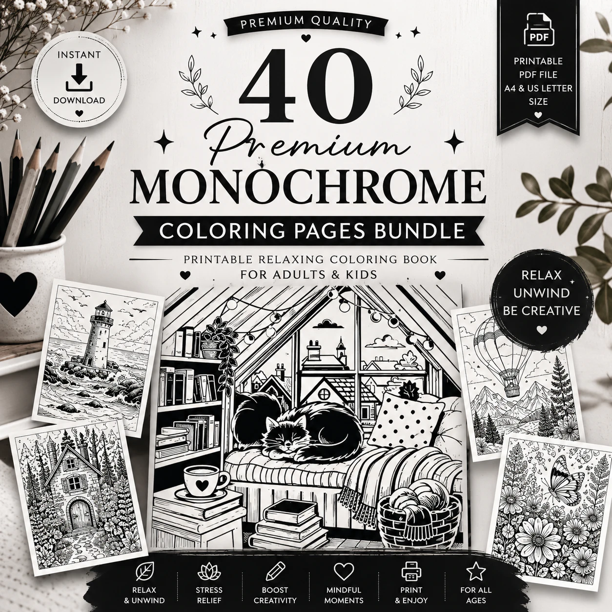 Monochrome Coloring Pages Bundle 