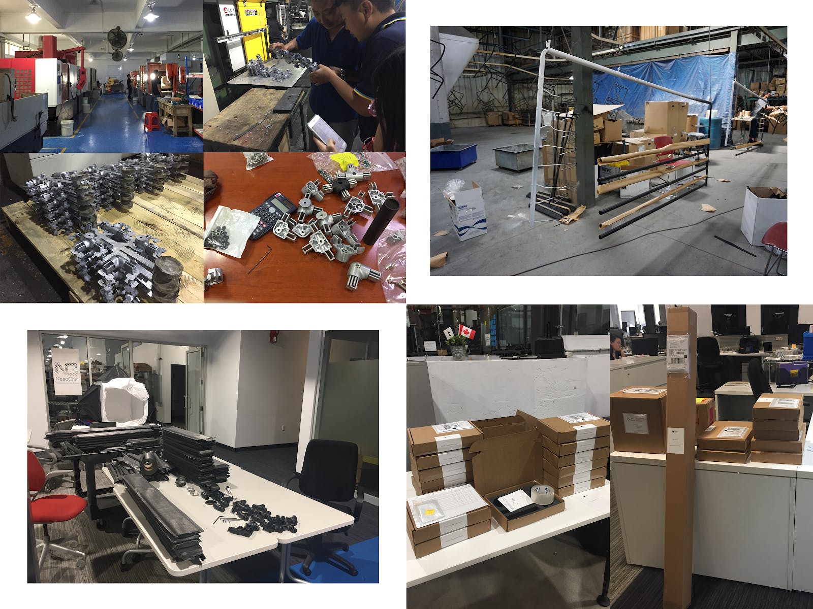 Top left: Visiting die casting vendor in Shenzhen, China, and doing hands-on quality check. Top right: Visiting extrusion vendor in Toronto, Canada, for quality inspection. Bottom left: Packing and sorting parts for shipment. Bottom right: Products finally began to ship!