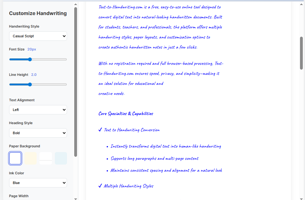 PDF to Handwriting Converter Online - Main product screenshot demonstrating key features and user interface
