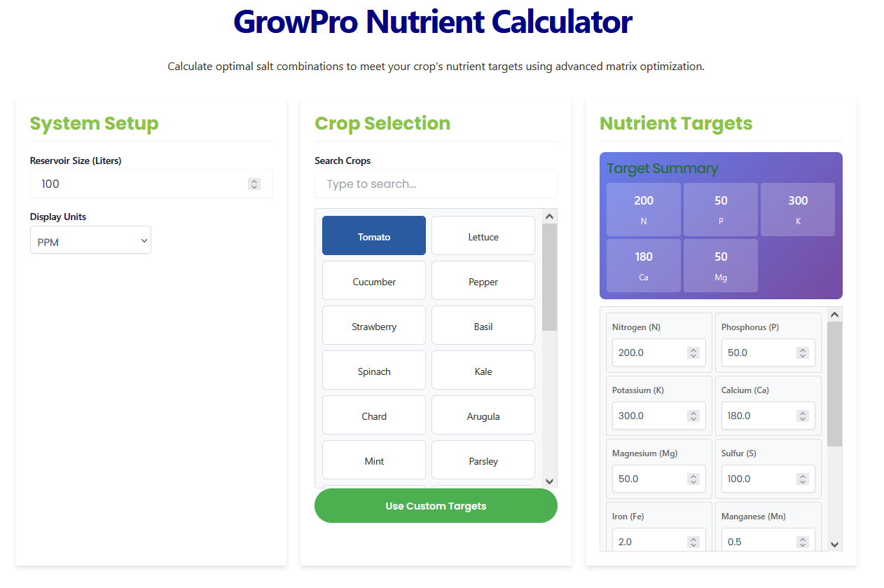 GrowPro Nutrient Calculator  - Main screenshot showing features and interface