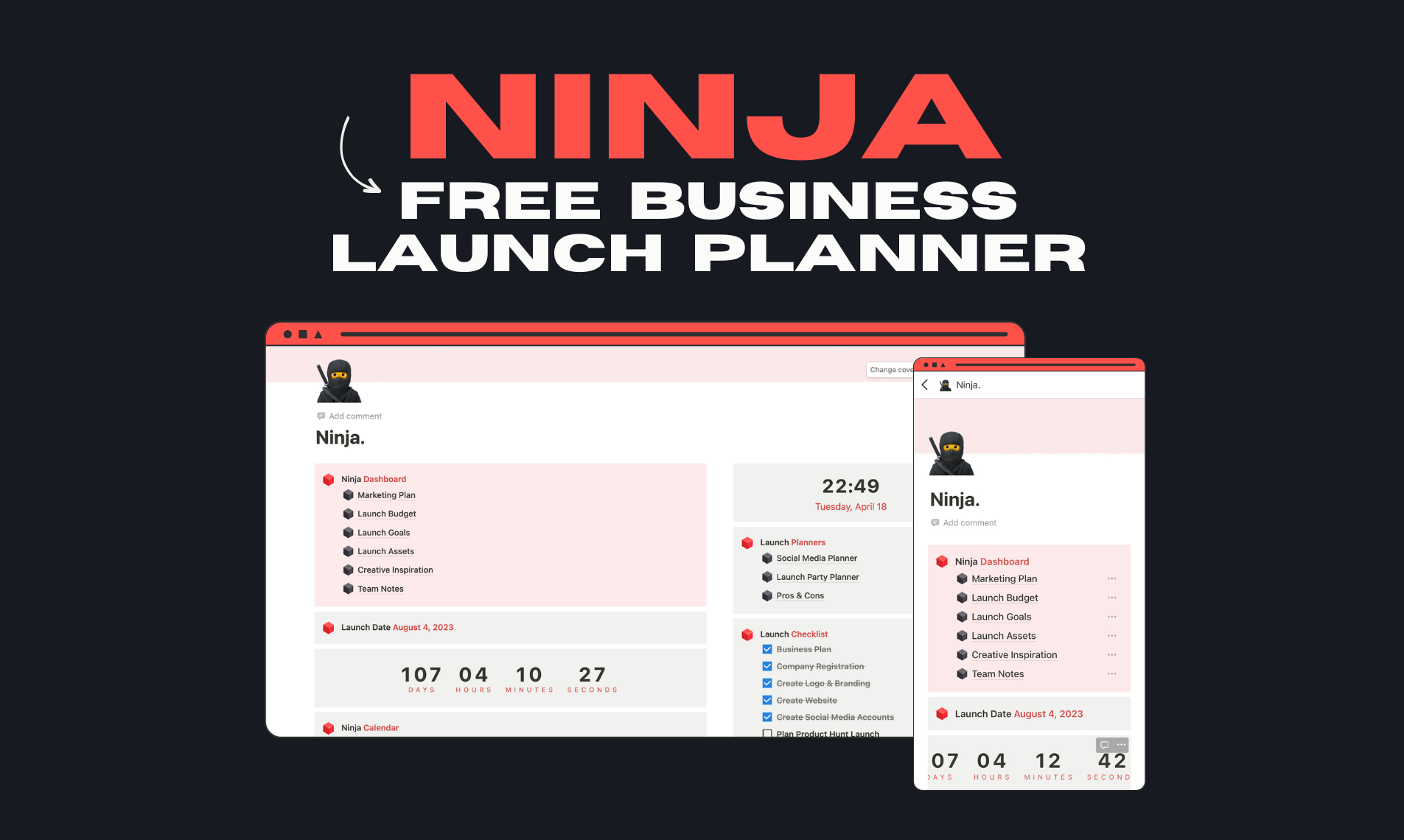 Ninja Notion Lansman Planlayıcısı - Yeni girişimciler için ücretsiz kullanımı kolay kavram şablonu 🥷 medya 1