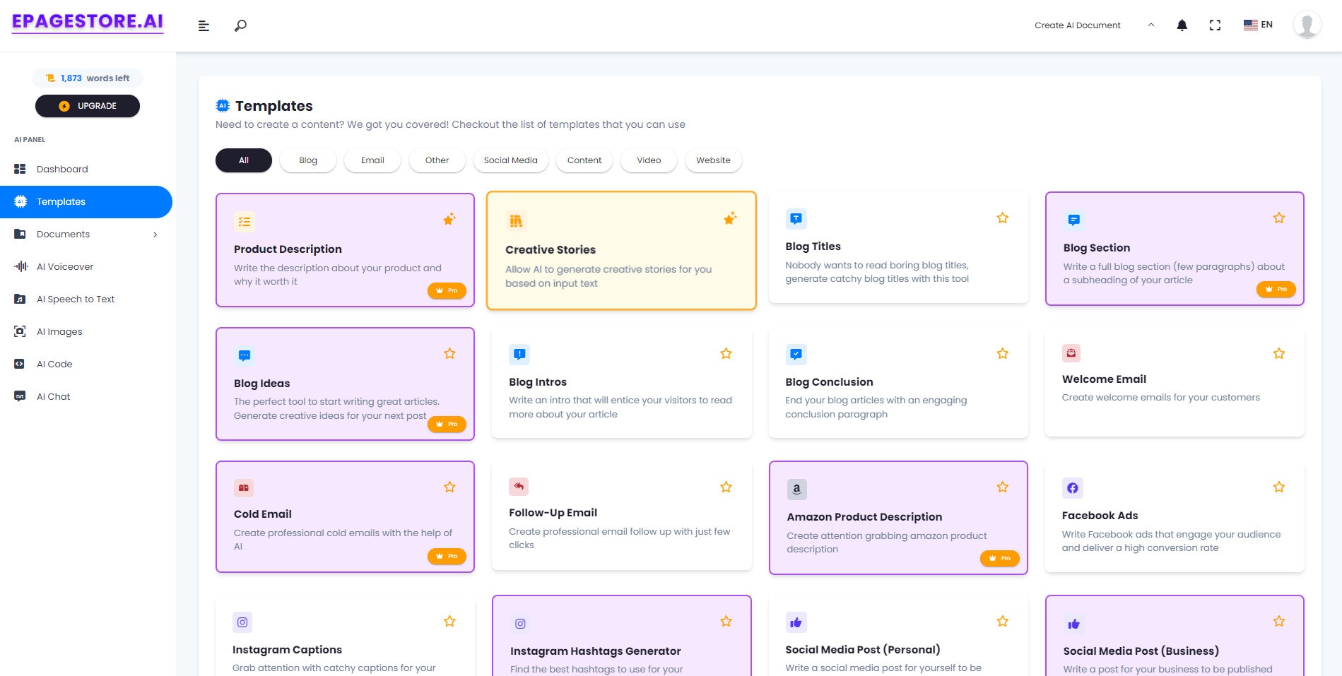 EPAGESTORE.AI - AI-aangedreven services voor inhoud, voice-overs, chat, afbeelding media 2