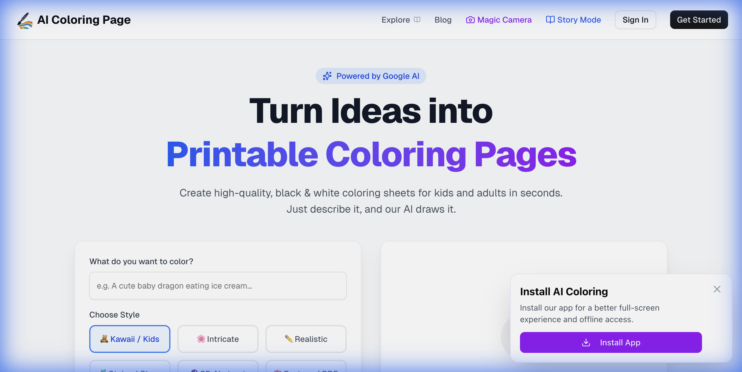 Magic Camera by AI Coloring Page - Main product screenshot demonstrating key features and user interface