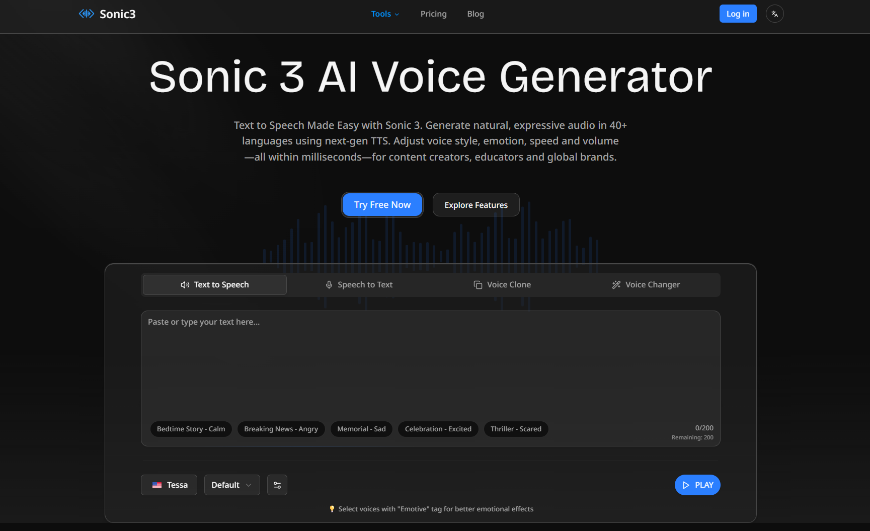 Sonic 3 AI Voice Generator - Main screenshot showing features and interface