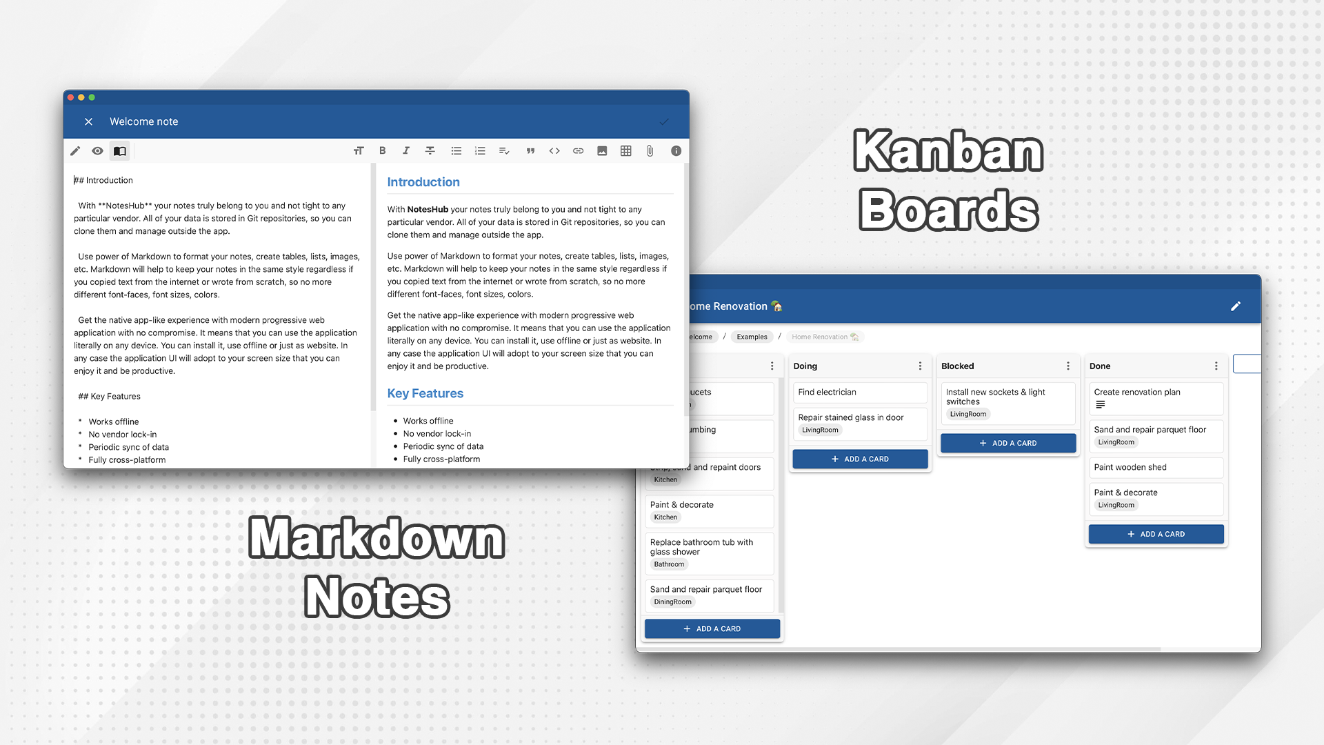 Noteshub 2.x - Приложение для примечания на основе маркирода с git sync & kanban poards медиа 3