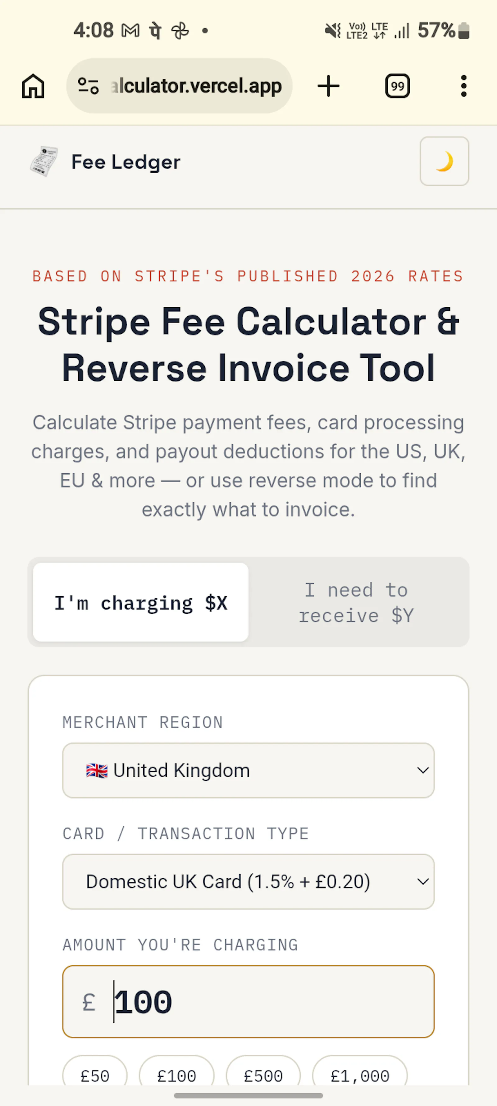 Stripe Fee & Reverse Invoice Calculator screenshot 2