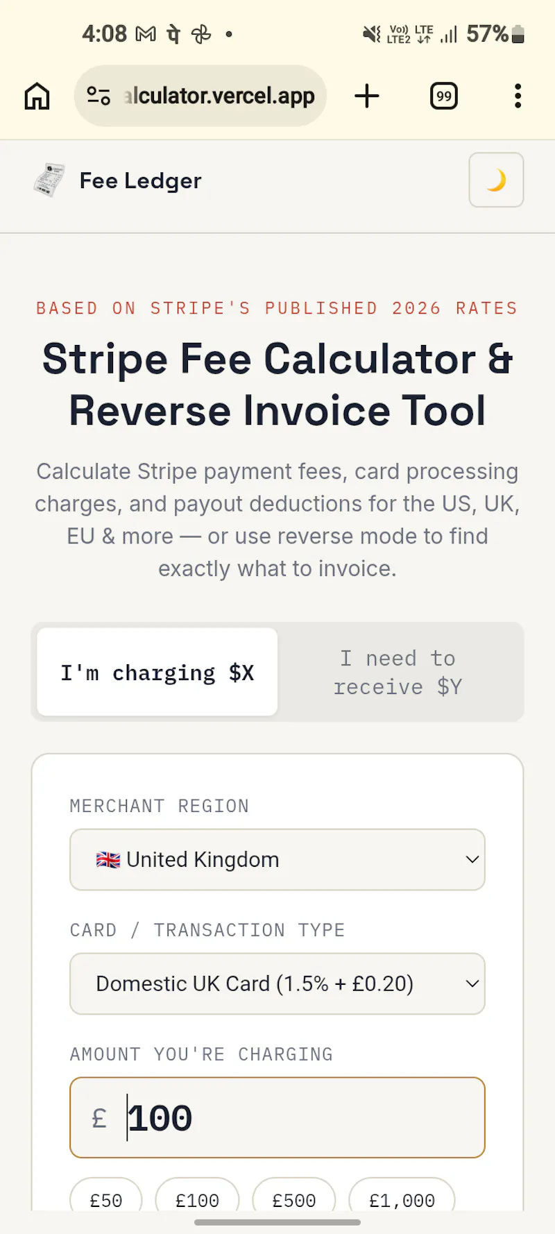 Stripe Fee & Reverse Invoice Calculator screenshot 2